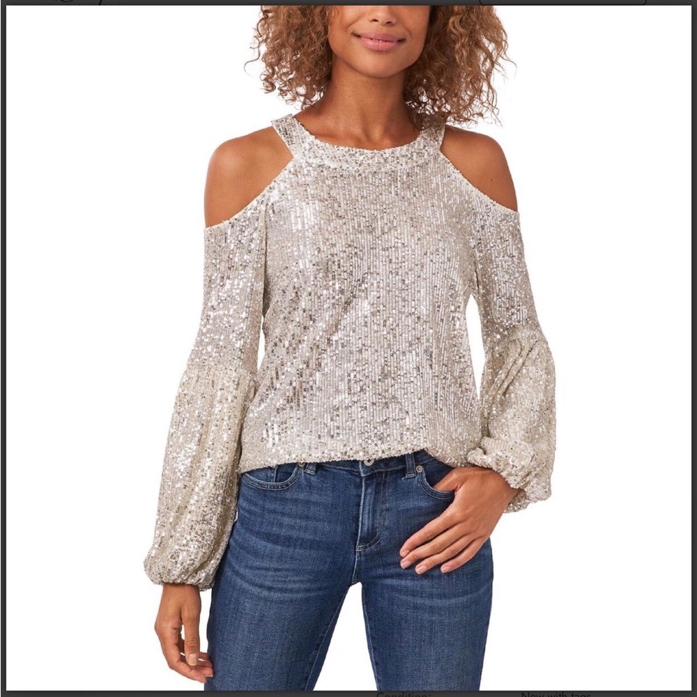 NWT Cece dazzling allover sequins shoulder baring shirt. XS